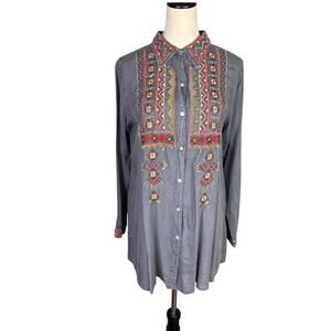 Scully Vintage Wash Gray Embroidered Button Up Long Sleeve Western Tunic Top